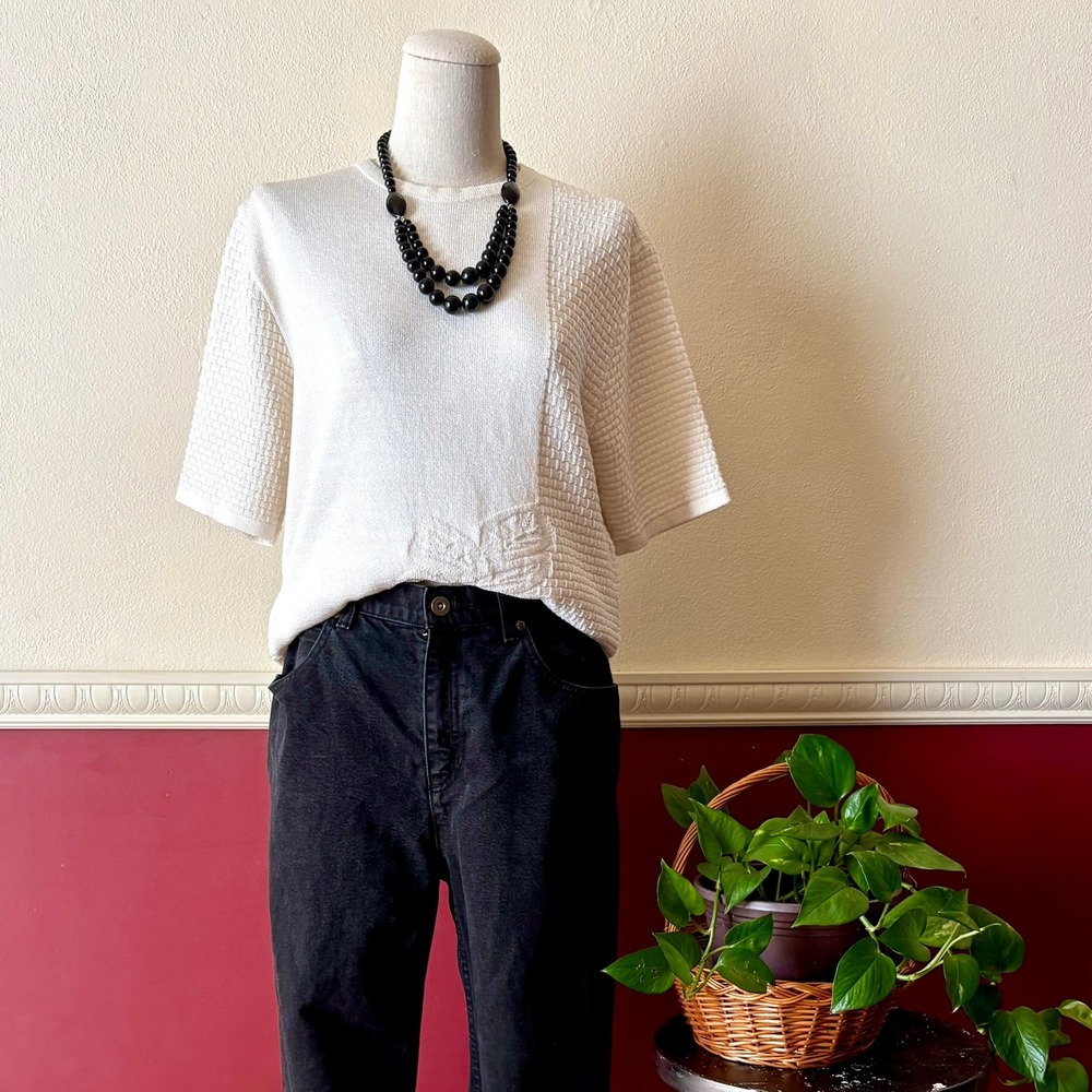 Vintage Quimo Ivory Wool Blend Knit Top Floral Waffle Weave 12 Scandi Minimalist
